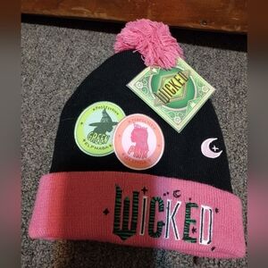 Wicked Embroidered Pom Beanie Hat - Black & Pink